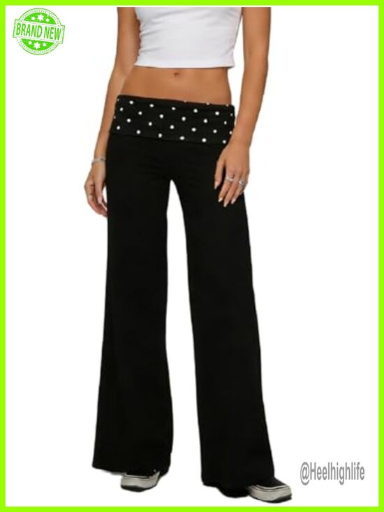 Pants - Wide Leg Fold Over Yoga Pants Low Rise Flare Leggings Polka Dot Lounge